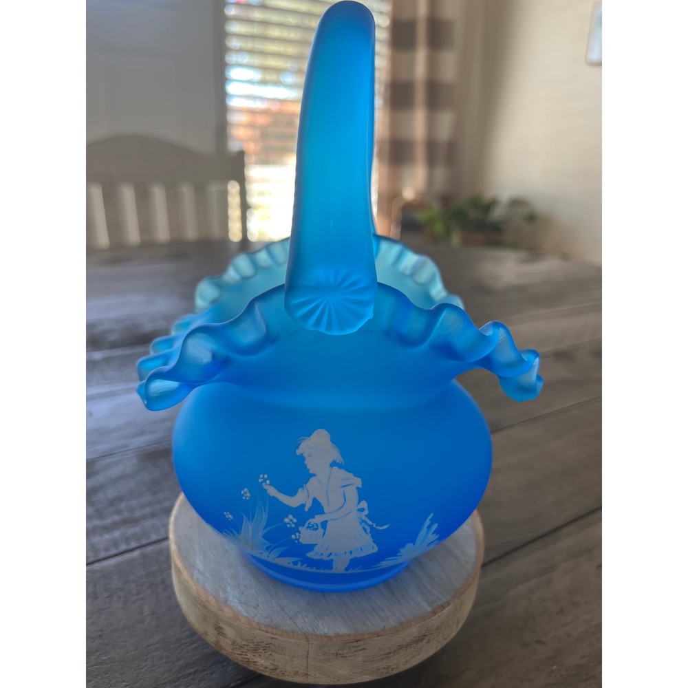 Fenton Blue Satin Frosted Glass Basket Mary Gregory Style Girl Ruffled Edge